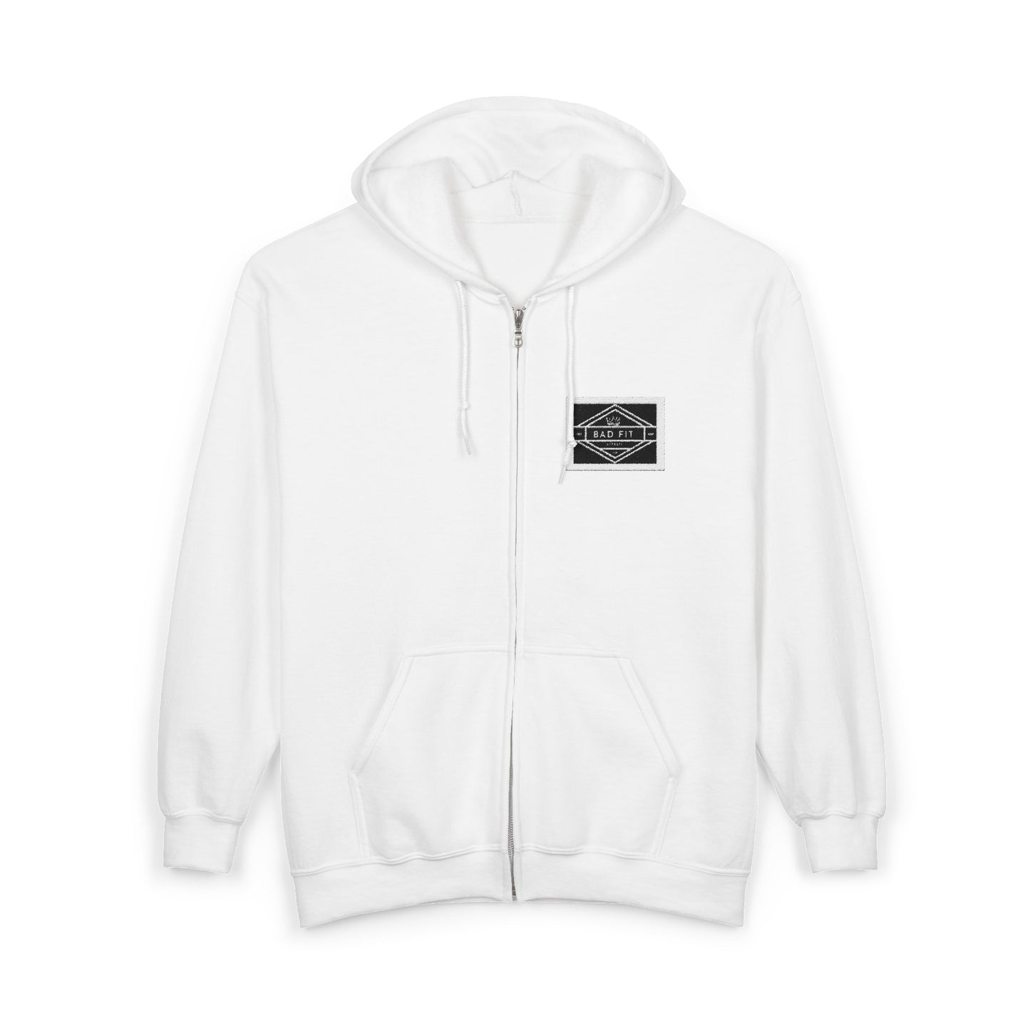 Minimalist Patch White Zip Hoodie — Small Chest Logo Full‑Zip Sweatshirt