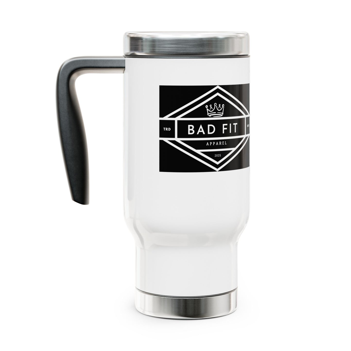 Bad Fit Logo Stainless Steel Travel Mug with Handle — 14oz Insulated Coffee Tumbler