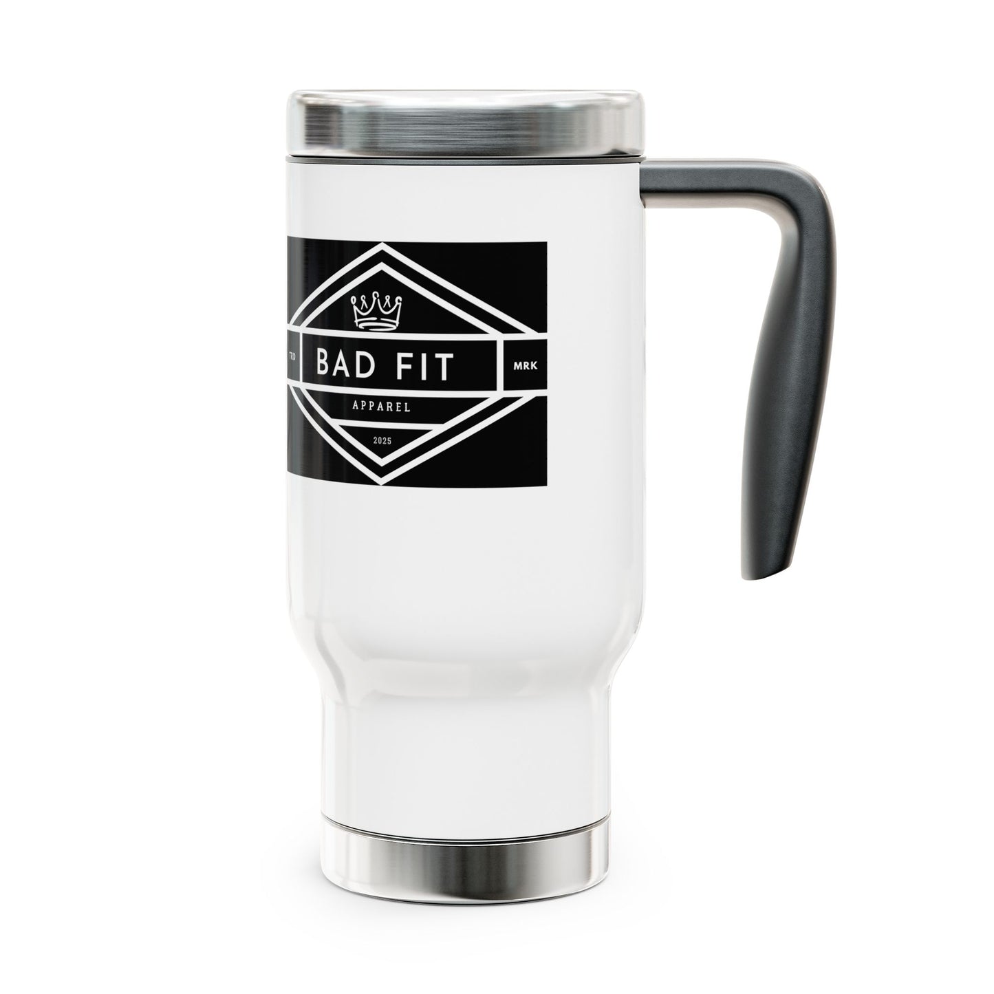 Bad Fit Logo Stainless Steel Travel Mug with Handle — 14oz Insulated Coffee Tumbler