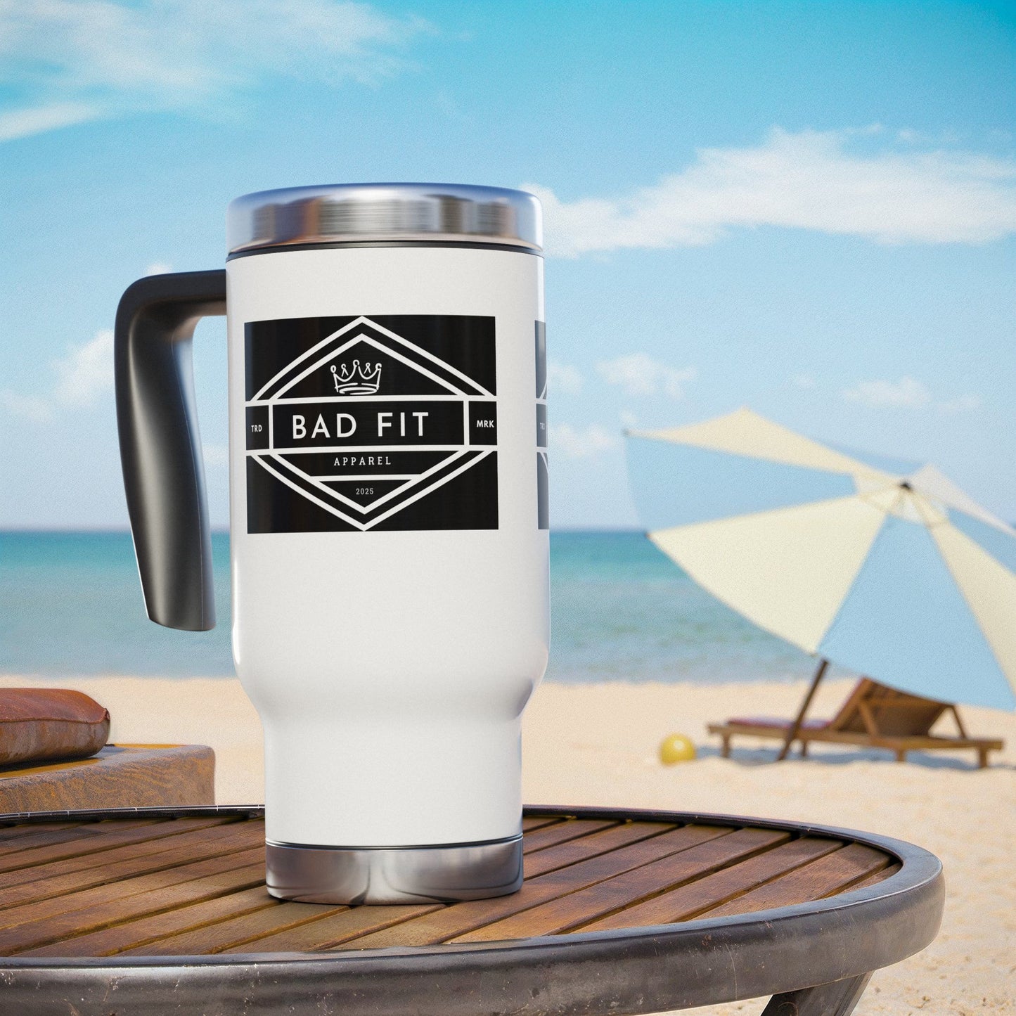 Bad Fit Logo Stainless Steel Travel Mug with Handle — 14oz Insulated Coffee Tumbler