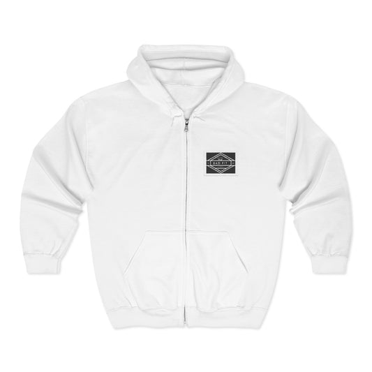 Minimalist Patch White Zip Hoodie — Small Chest Logo Full‑Zip Sweatshirt
