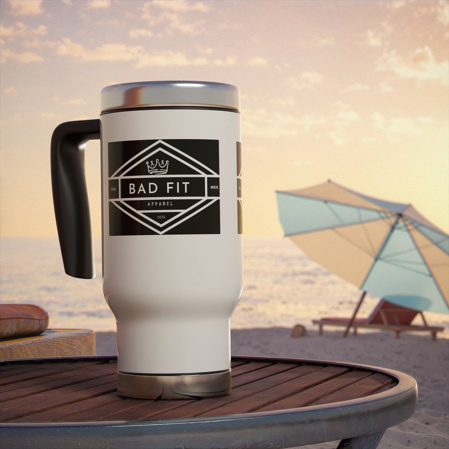 Bad Fit Logo Stainless Steel Travel Mug with Handle — 14oz Insulated Coffee Tumbler