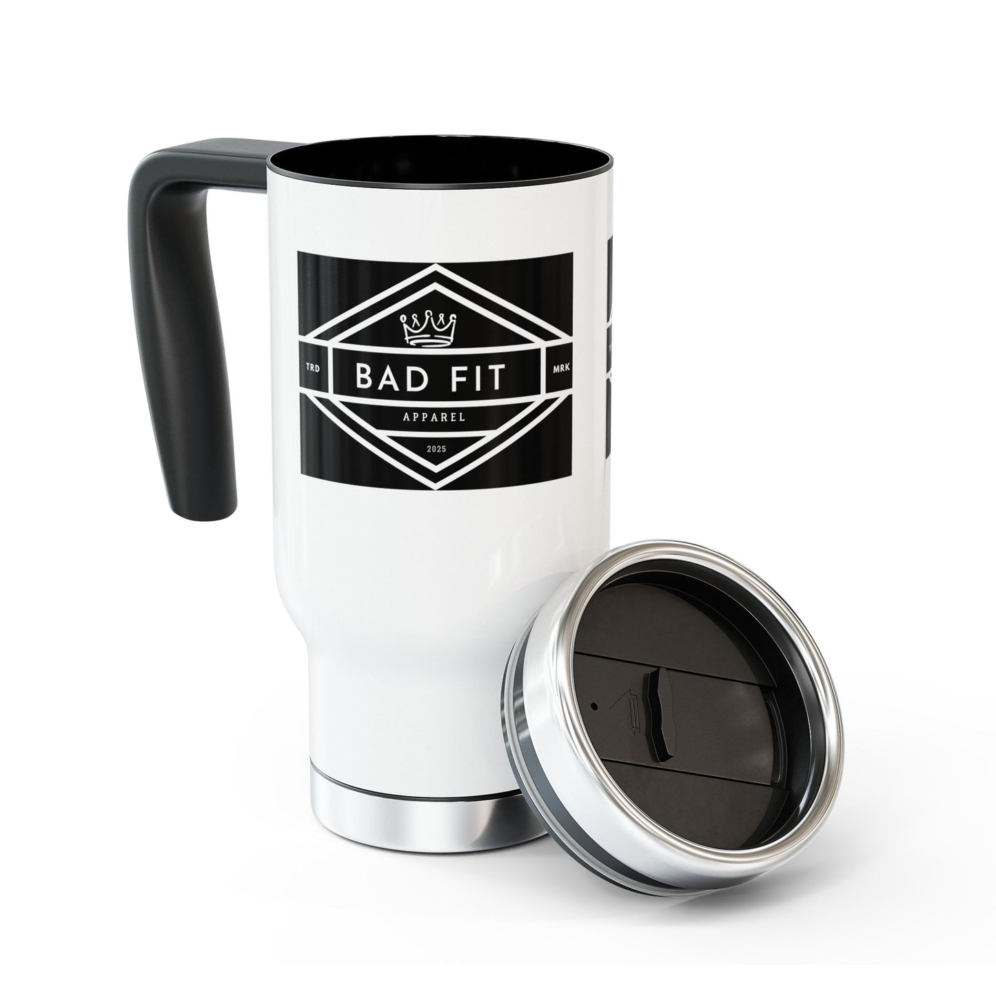 Bad Fit Logo Stainless Steel Travel Mug with Handle — 14oz Insulated Coffee Tumbler